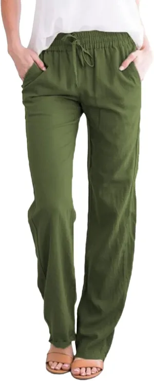 Womens Casual Cotton Linen Pants Drawstring Loose Summer Trousers Straight Leg Comfy Lounge Long Trousers with Pocket
