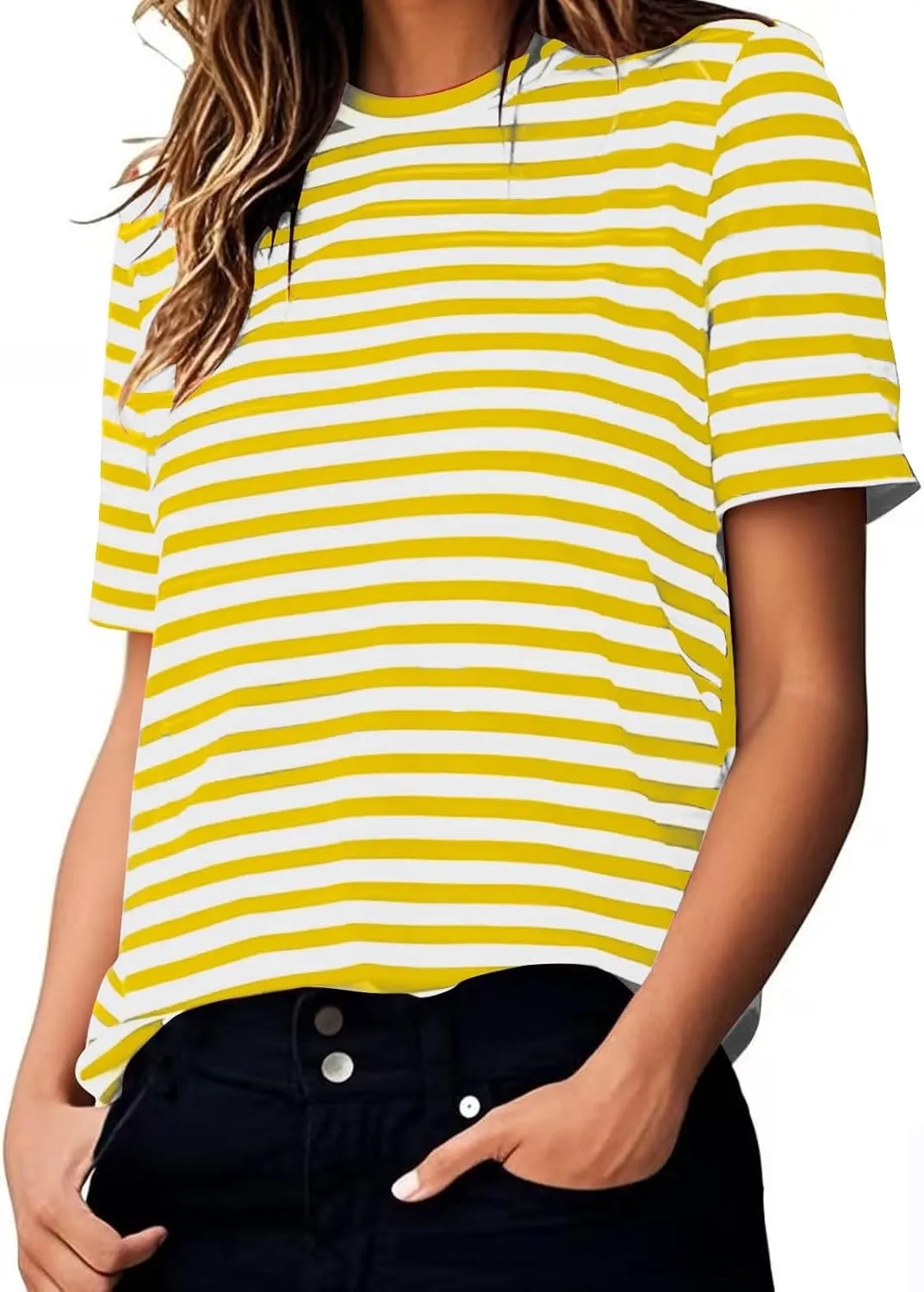 Women's Casual Short Sleeve Shirts Stripe Crew Neck Tees 2025 Summer Loose Tshirt Ladies Plus Size Blouse