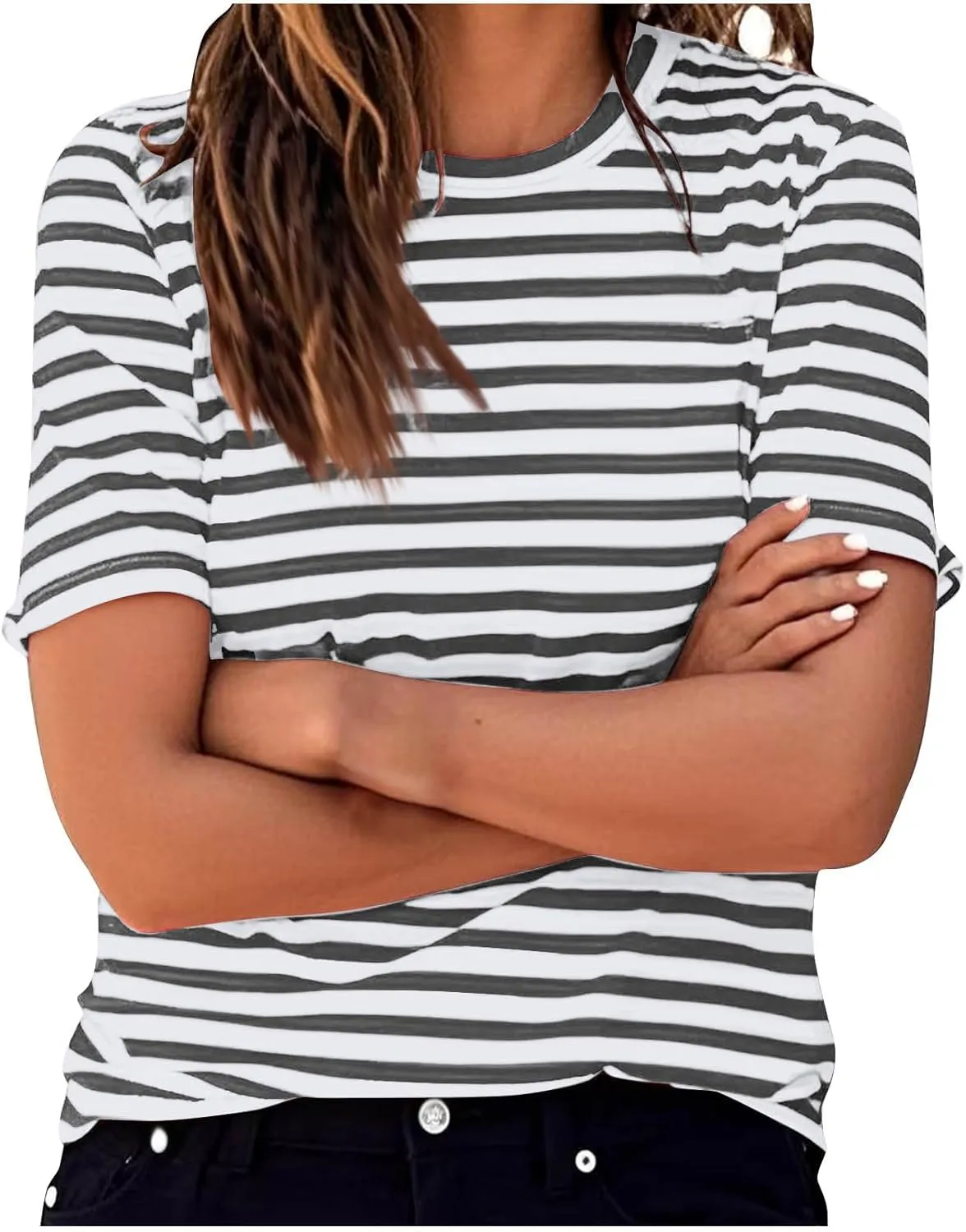 Women's Casual Short Sleeve Shirts Stripe Crew Neck Tees 2025 Summer Loose Tshirt Ladies Plus Size Blouse