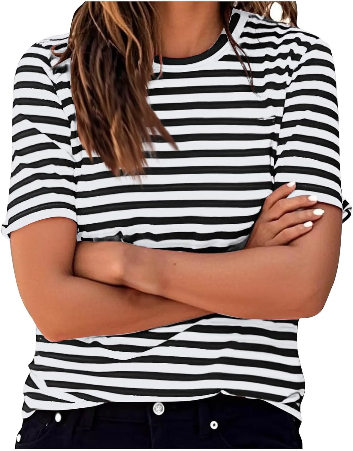 Women's Casual Short Sleeve Shirts Stripe Crew Neck Tees 2025 Summer Loose Tshirt Ladies Plus Size Blouse