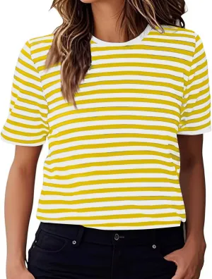 Women's Casual Short Sleeve Shirts Stripe Crew Neck Tees 2025 Summer Loose Tshirt Ladies Plus Size Blouse
