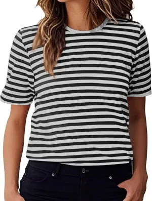 Women's Casual Short Sleeve Shirts Stripe Crew Neck Tees 2025 Summer Loose Tshirt Ladies Plus Size Blouse