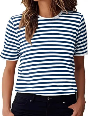 Women's Casual Short Sleeve Shirts Stripe Crew Neck Tees 2025 Summer Loose Tshirt Ladies Plus Size Blouse
