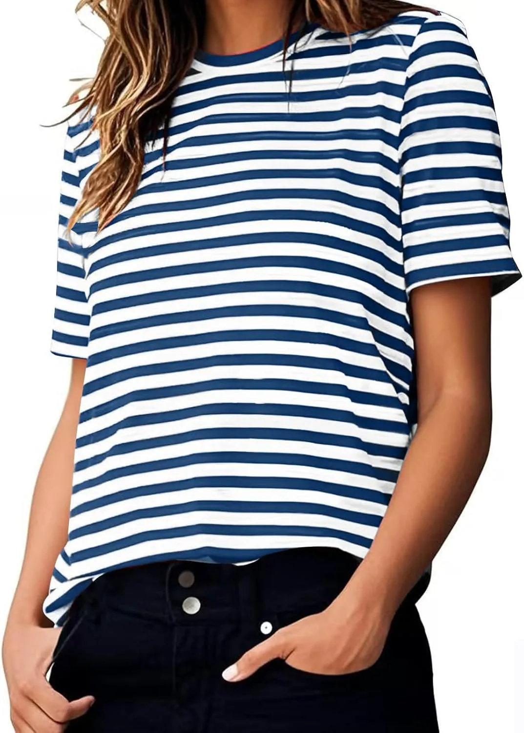 Women's Casual Short Sleeve Shirts Stripe Crew Neck Tees 2025 Summer Loose Tshirt Ladies Plus Size Blouse