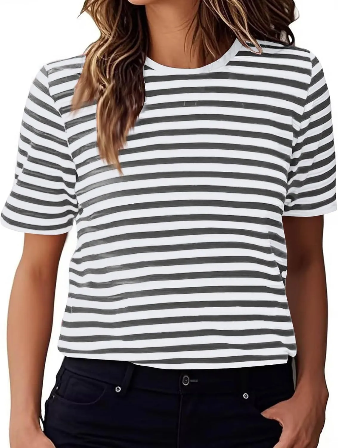 Women's Casual Short Sleeve Shirts Stripe Crew Neck Tees 2025 Summer Loose Tshirt Ladies Plus Size Blouse