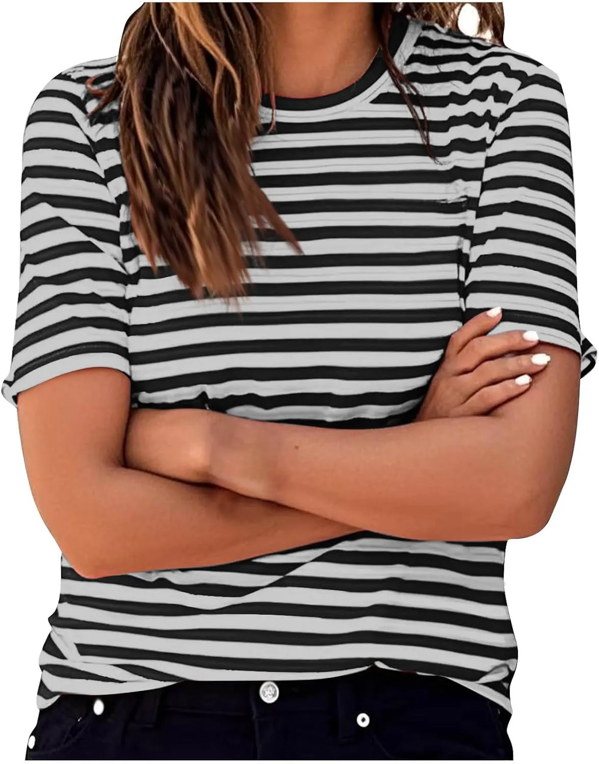 Women's Casual Short Sleeve Shirts Stripe Crew Neck Tees 2025 Summer Loose Tshirt Ladies Plus Size Blouse