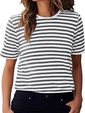 Women's Casual Short Sleeve Shirts Stripe Crew Neck Tees 2025 Summer Loose Tshirt Ladies Plus Size Blouse