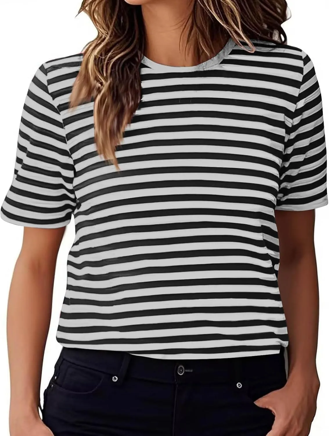 Women's Casual Short Sleeve Shirts Stripe Crew Neck Tees 2025 Summer Loose Tshirt Ladies Plus Size Blouse