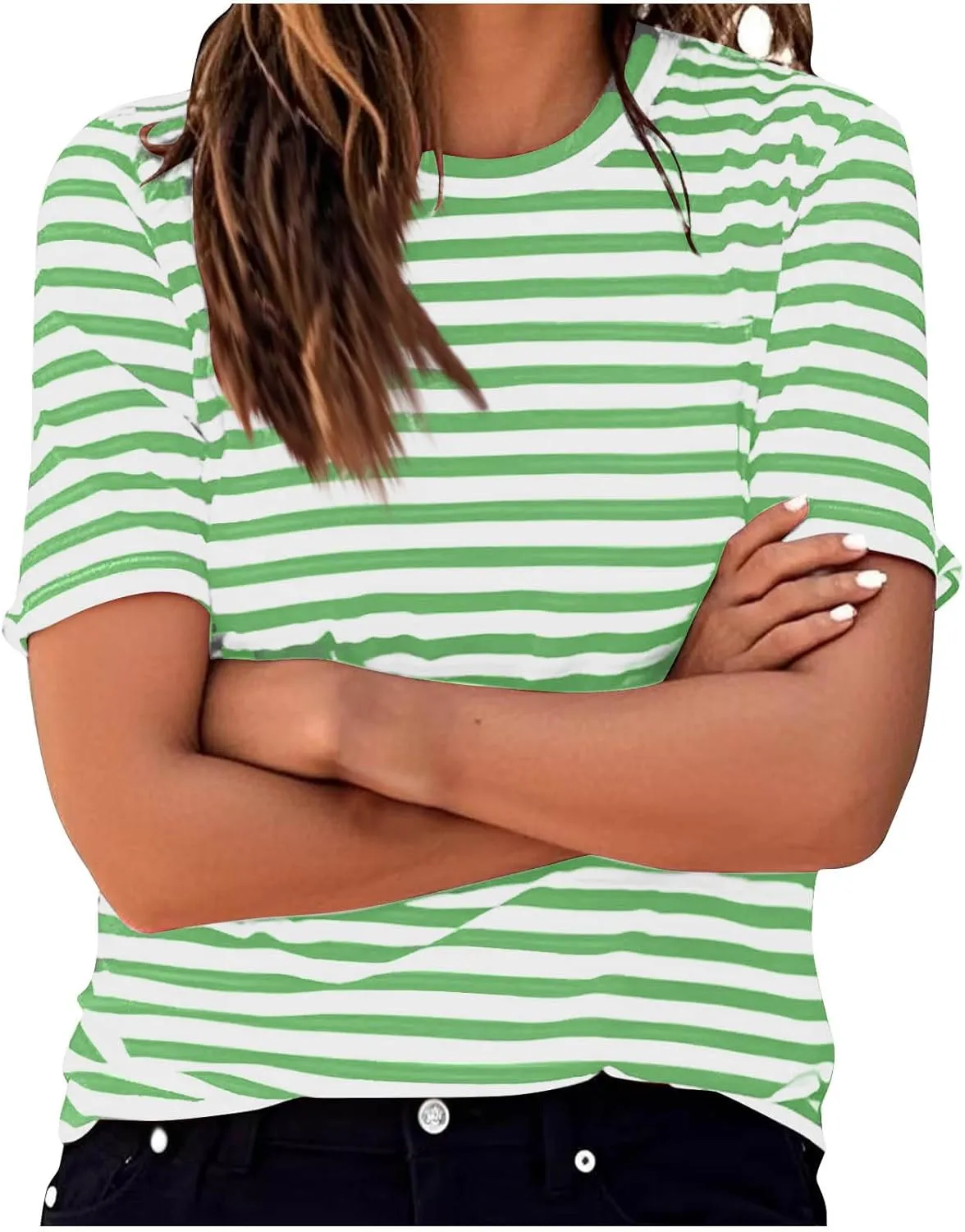 Women's Casual Short Sleeve Shirts Stripe Crew Neck Tees 2025 Summer Loose Tshirt Ladies Plus Size Blouse