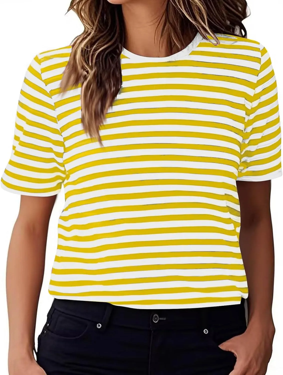 Women's Casual Short Sleeve Shirts Stripe Crew Neck Tees 2025 Summer Loose Tshirt Ladies Plus Size Blouse