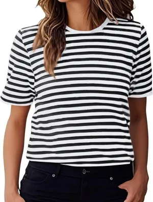 Women's Casual Short Sleeve Shirts Stripe Crew Neck Tees 2025 Summer Loose Tshirt Ladies Plus Size Blouse