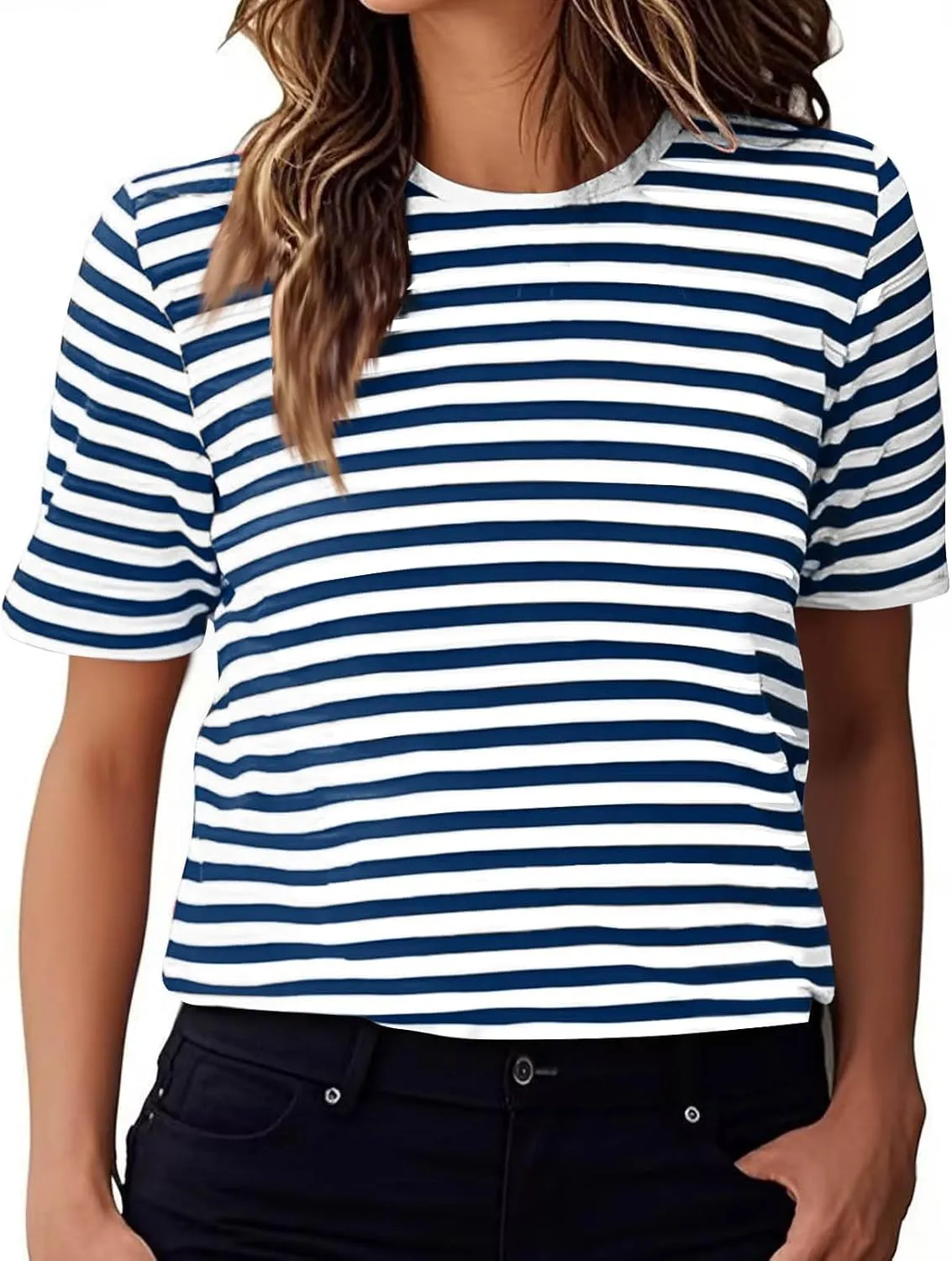 Women's Casual Short Sleeve Shirts Stripe Crew Neck Tees 2025 Summer Loose Tshirt Ladies Plus Size Blouse