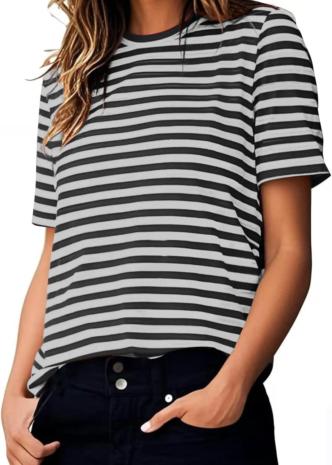 Women's Casual Short Sleeve Shirts Stripe Crew Neck Tees 2025 Summer Loose Tshirt Ladies Plus Size Blouse