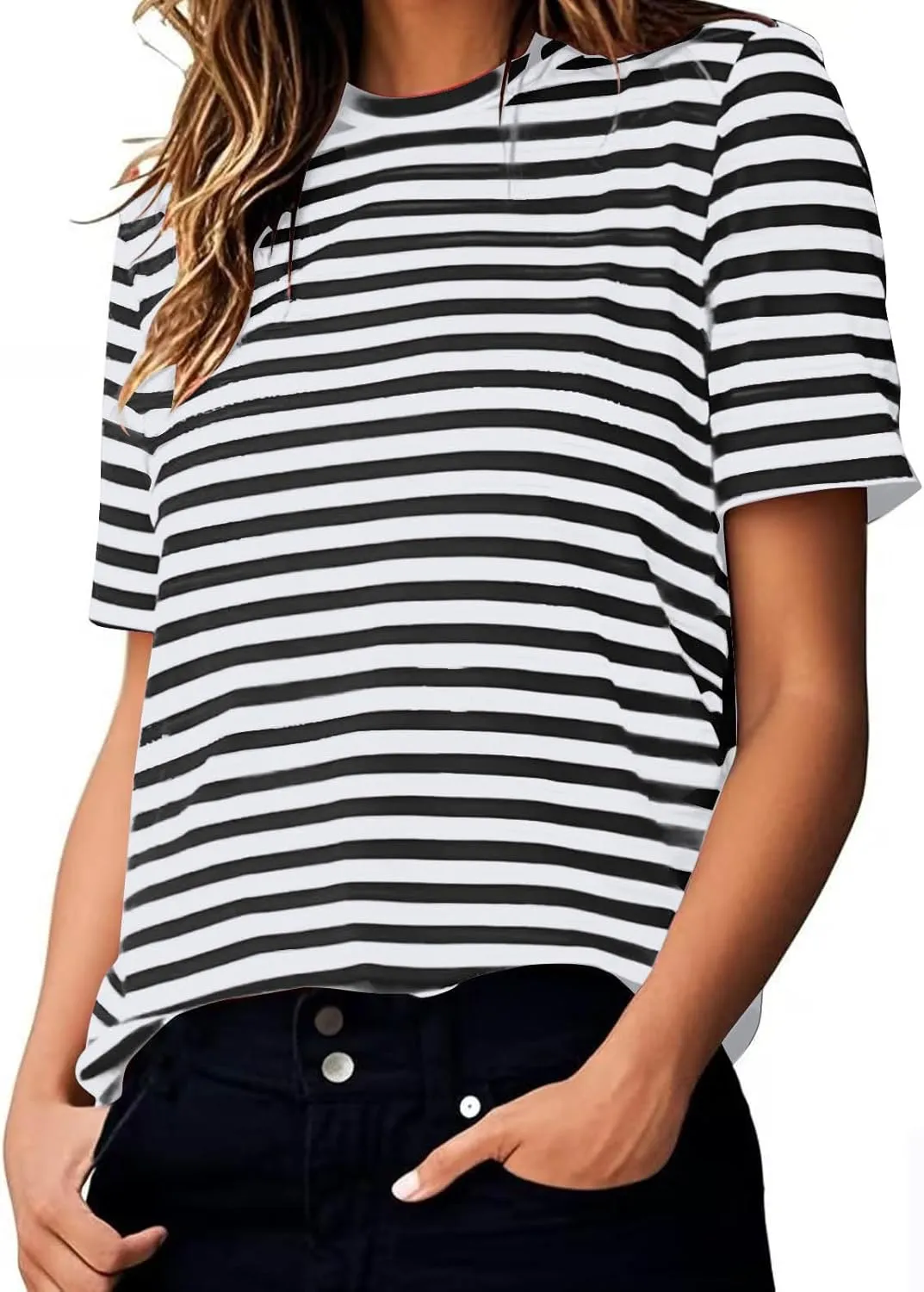 Women's Casual Short Sleeve Shirts Stripe Crew Neck Tees 2025 Summer Loose Tshirt Ladies Plus Size Blouse