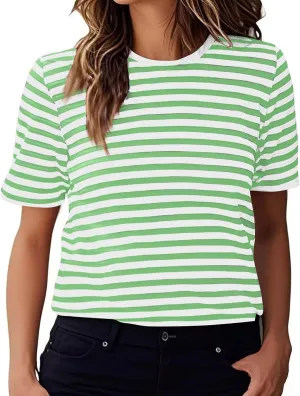 Women's Casual Short Sleeve Shirts Stripe Crew Neck Tees 2025 Summer Loose Tshirt Ladies Plus Size Blouse