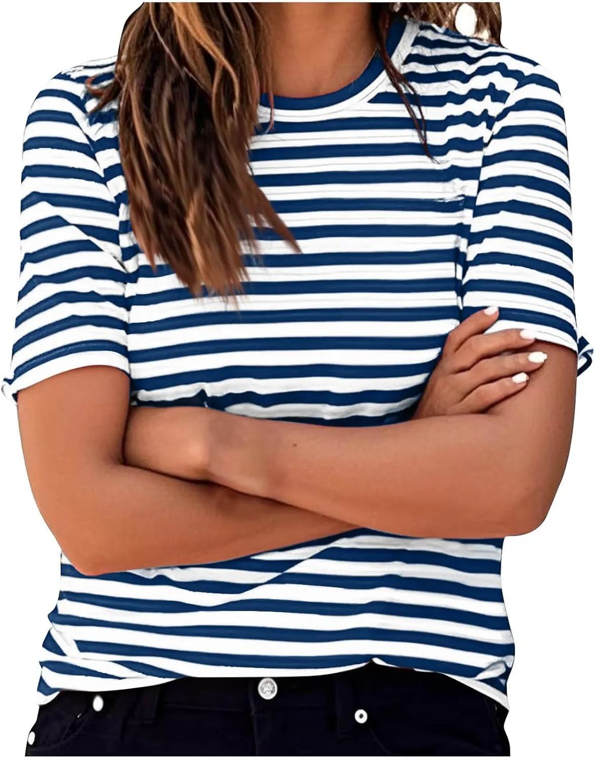 Women's Casual Short Sleeve Shirts Stripe Crew Neck Tees 2025 Summer Loose Tshirt Ladies Plus Size Blouse