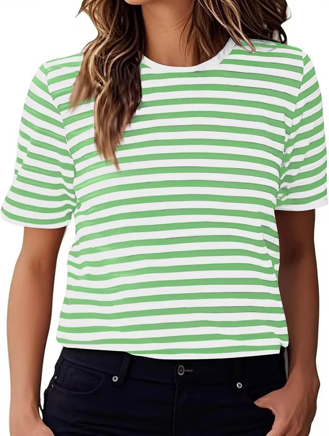Women's Casual Short Sleeve Shirts Stripe Crew Neck Tees 2025 Summer Loose Tshirt Ladies Plus Size Blouse