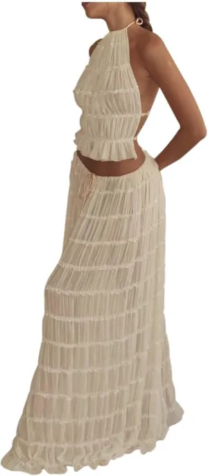 Women's Chiffon Pleated Maxi Skirt and Neck Crop Top Set with Wooden Bead Trim Women Gowns and Evening Dresses
