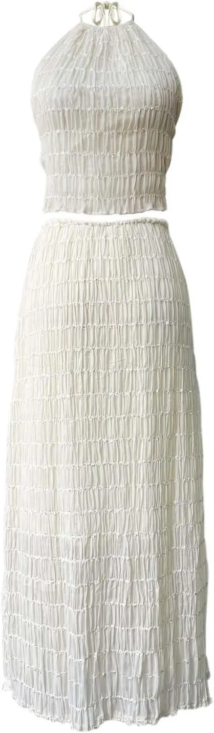 Women's Chiffon Pleated Maxi Skirt and Neck Crop Top Set with Wooden Bead Trim Women Gowns and Evening Dresses