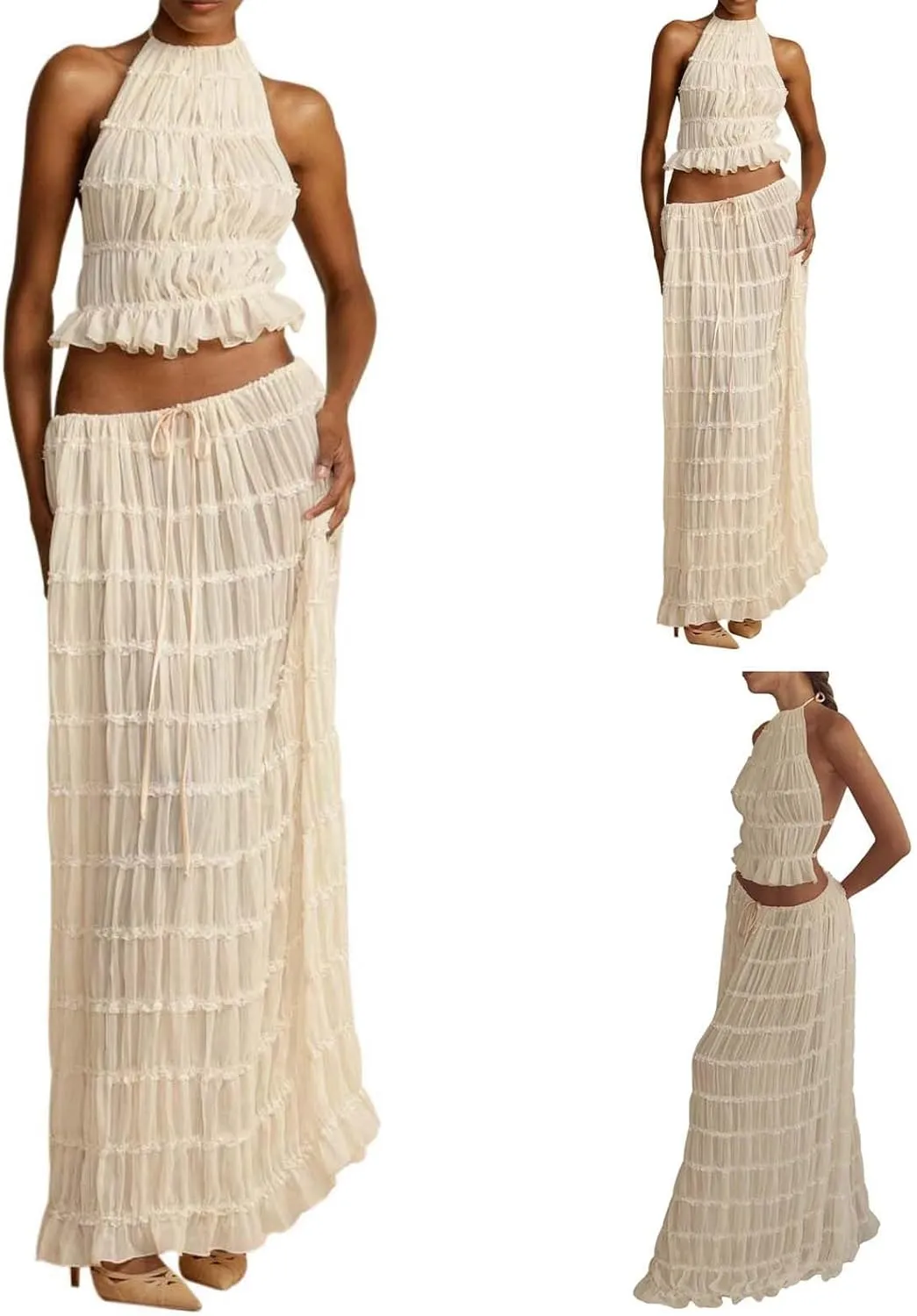 Women's Chiffon Pleated Maxi Skirt and Neck Crop Top Set with Wooden Bead Trim Women Gowns and Evening Dresses