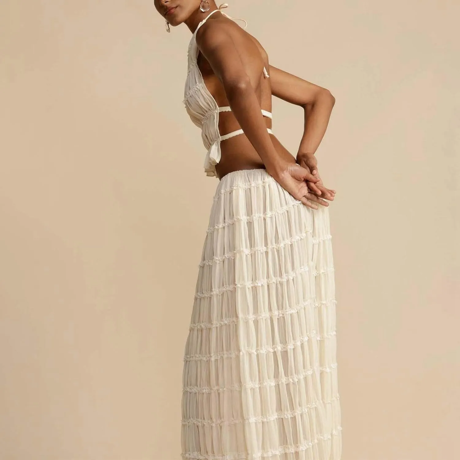 Women's Chiffon Pleated Maxi Skirt and Neck Crop Top Set with Wooden Bead Trim Women Gowns and Evening Dresses