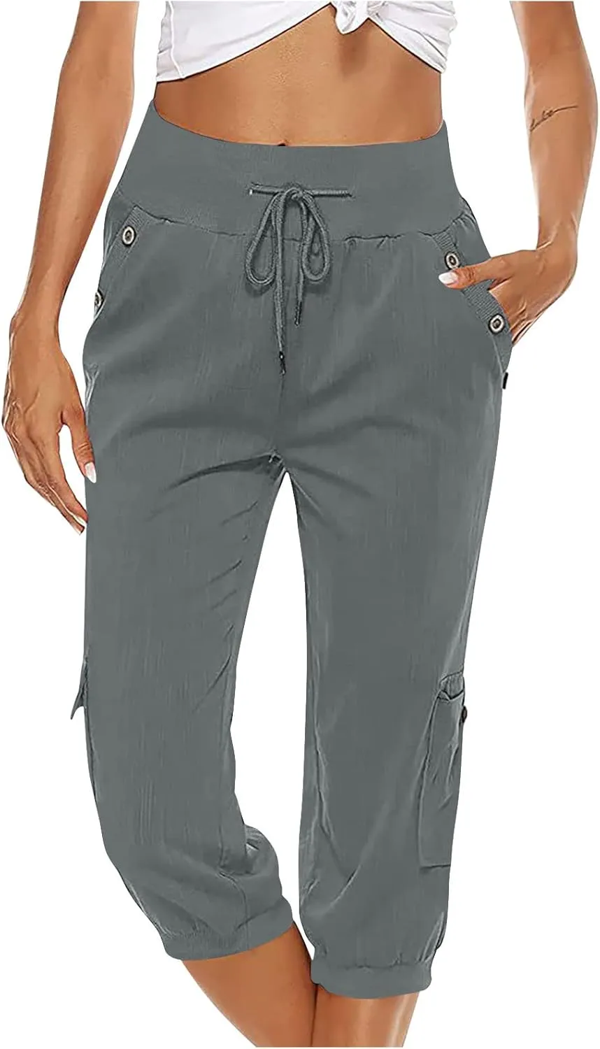 Womens Cotton Linen Cargo Capris Pants Plus Size Loose Fit Hiking Pants Casual Lightweight Jogger Shorts with Pocket