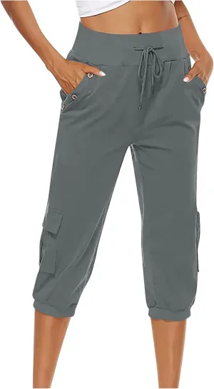 Womens Cotton Linen Cargo Capris Pants Plus Size Loose Fit Hiking Pants Casual Lightweight Jogger Shorts with Pocket