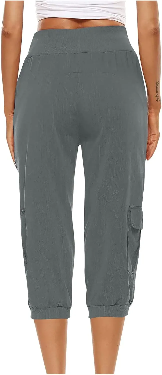 Womens Cotton Linen Cargo Capris Pants Plus Size Loose Fit Hiking Pants Casual Lightweight Jogger Shorts with Pocket