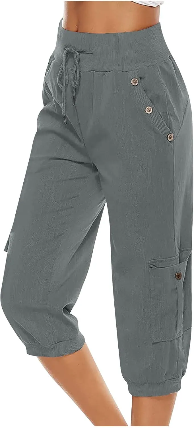 Womens Cotton Linen Cargo Capris Pants Plus Size Loose Fit Hiking Pants Casual Lightweight Jogger Shorts with Pocket