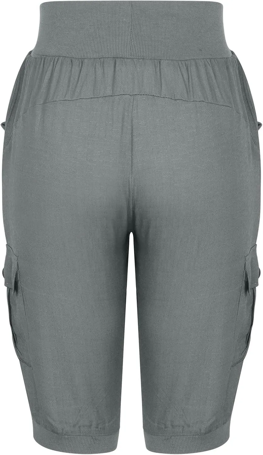Womens Cotton Linen Cargo Capris Pants Plus Size Loose Fit Hiking Pants Casual Lightweight Jogger Shorts with Pocket