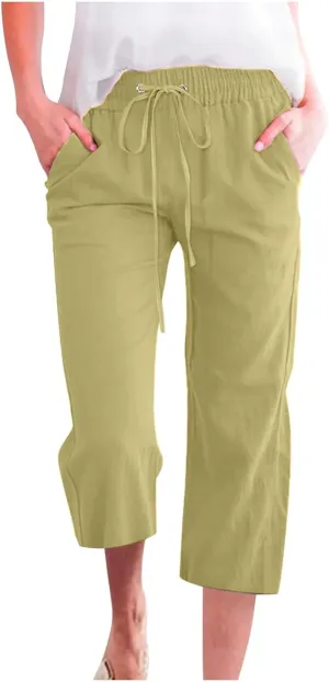 Womens Cotton Linen Cropped Pants Loose Fit Straight Leg Capri Casual Plus Size Elastic Waist Trousers with Pockets
