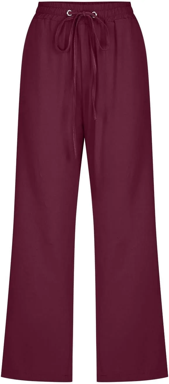 Womens Cotton Linen Cropped Pants Loose Fit Straight Leg Capri Casual Plus Size Elastic Waist Trousers with Pockets