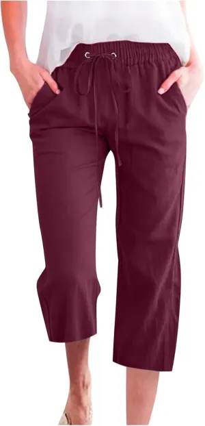 Womens Cotton Linen Cropped Pants Loose Fit Straight Leg Capri Casual Plus Size Elastic Waist Trousers with Pockets
