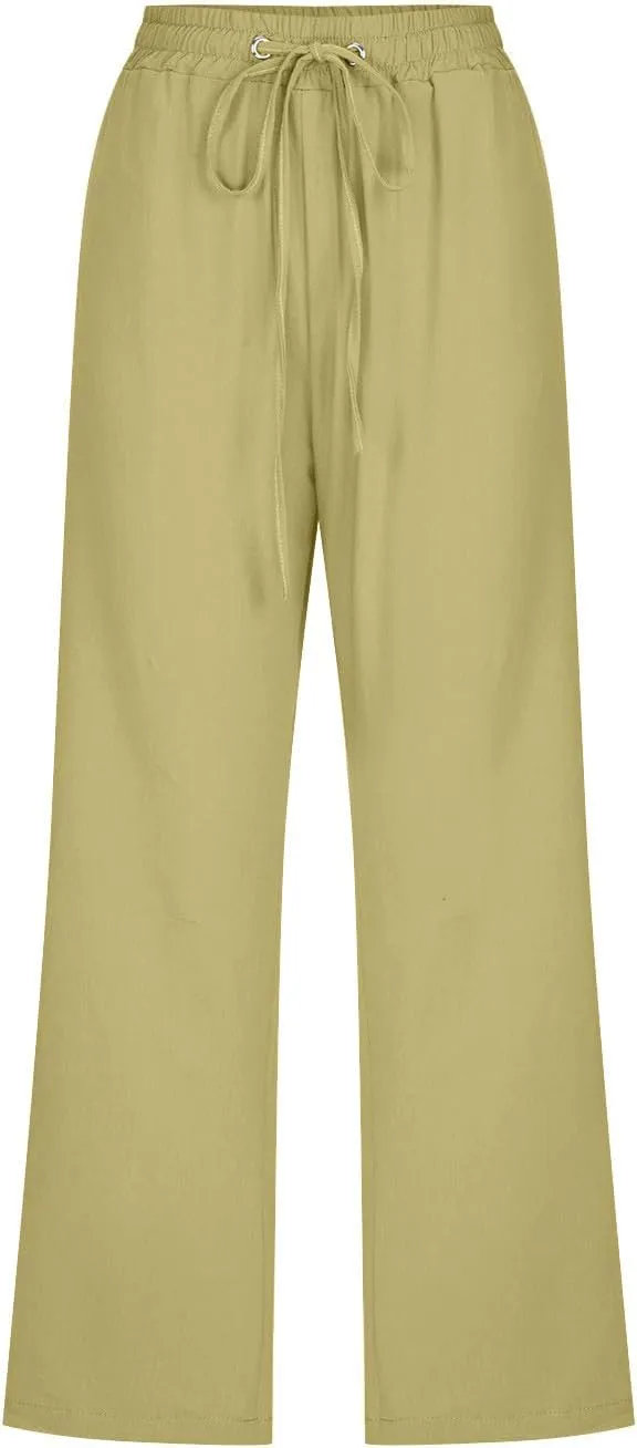 Womens Cotton Linen Cropped Pants Loose Fit Straight Leg Capri Casual Plus Size Elastic Waist Trousers with Pockets