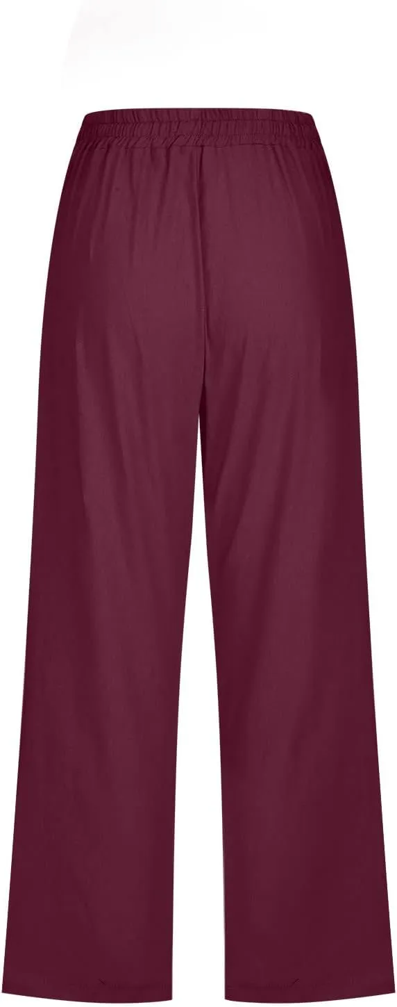 Womens Cotton Linen Cropped Pants Loose Fit Straight Leg Capri Casual Plus Size Elastic Waist Trousers with Pockets