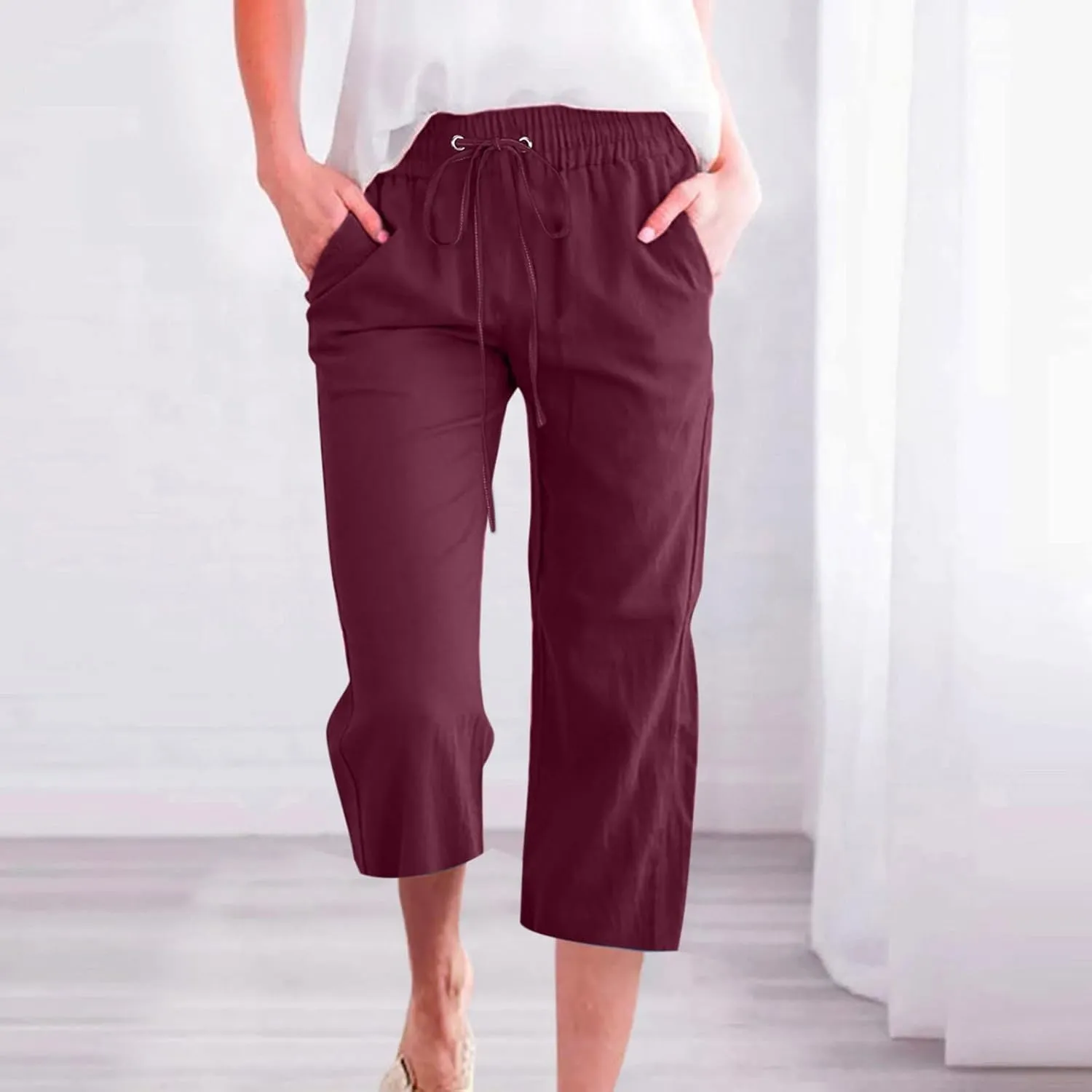 Womens Cotton Linen Cropped Pants Loose Fit Straight Leg Capri Casual Plus Size Elastic Waist Trousers with Pockets