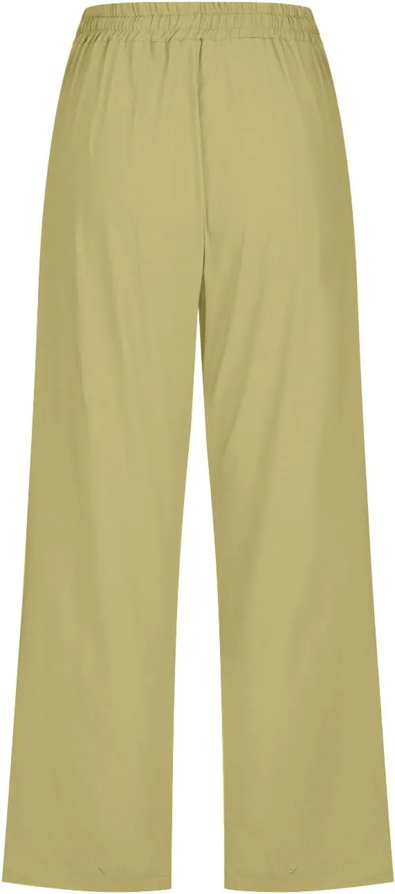 Womens Cotton Linen Cropped Pants Loose Fit Straight Leg Capri Casual Plus Size Elastic Waist Trousers with Pockets