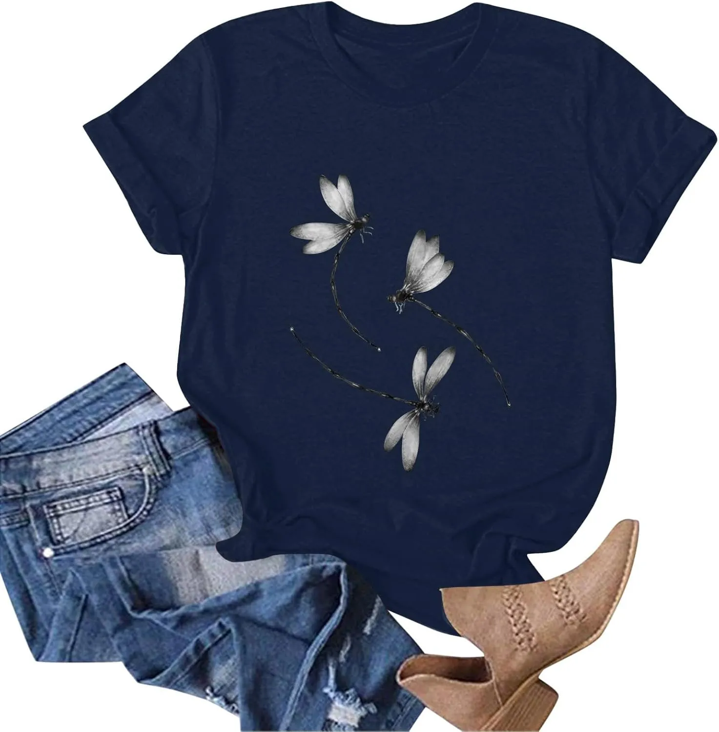 Womens Dragonfly Graphic Tees Crewneck Short Sleeve Casual Tops Cute Summer T-Shirt