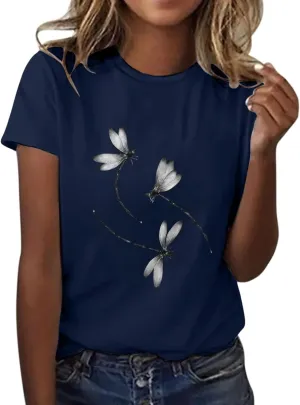 Womens Dragonfly Graphic Tees Crewneck Short Sleeve Casual Tops Cute Summer T-Shirt