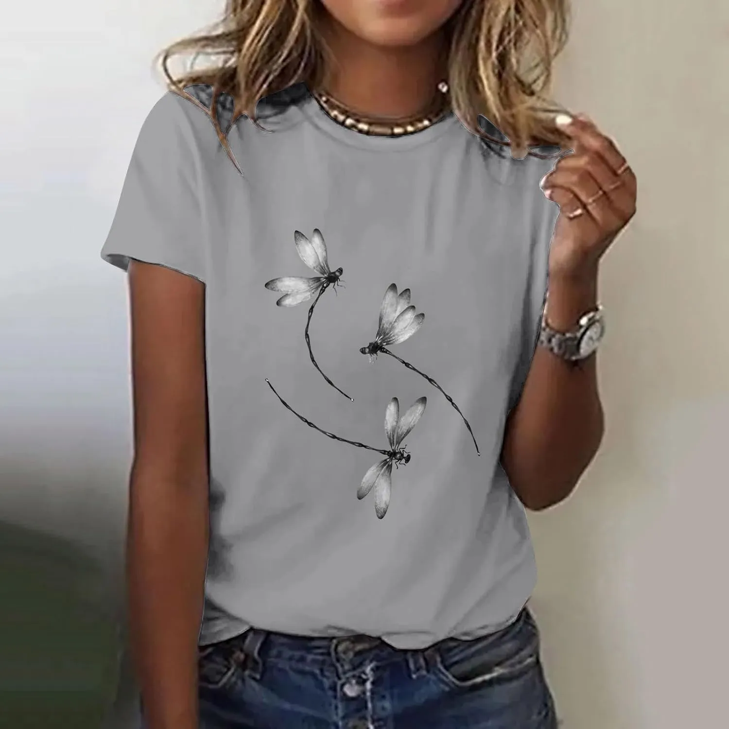 Womens Dragonfly Graphic Tees Crewneck Short Sleeve Casual Tops Cute Summer T-Shirt