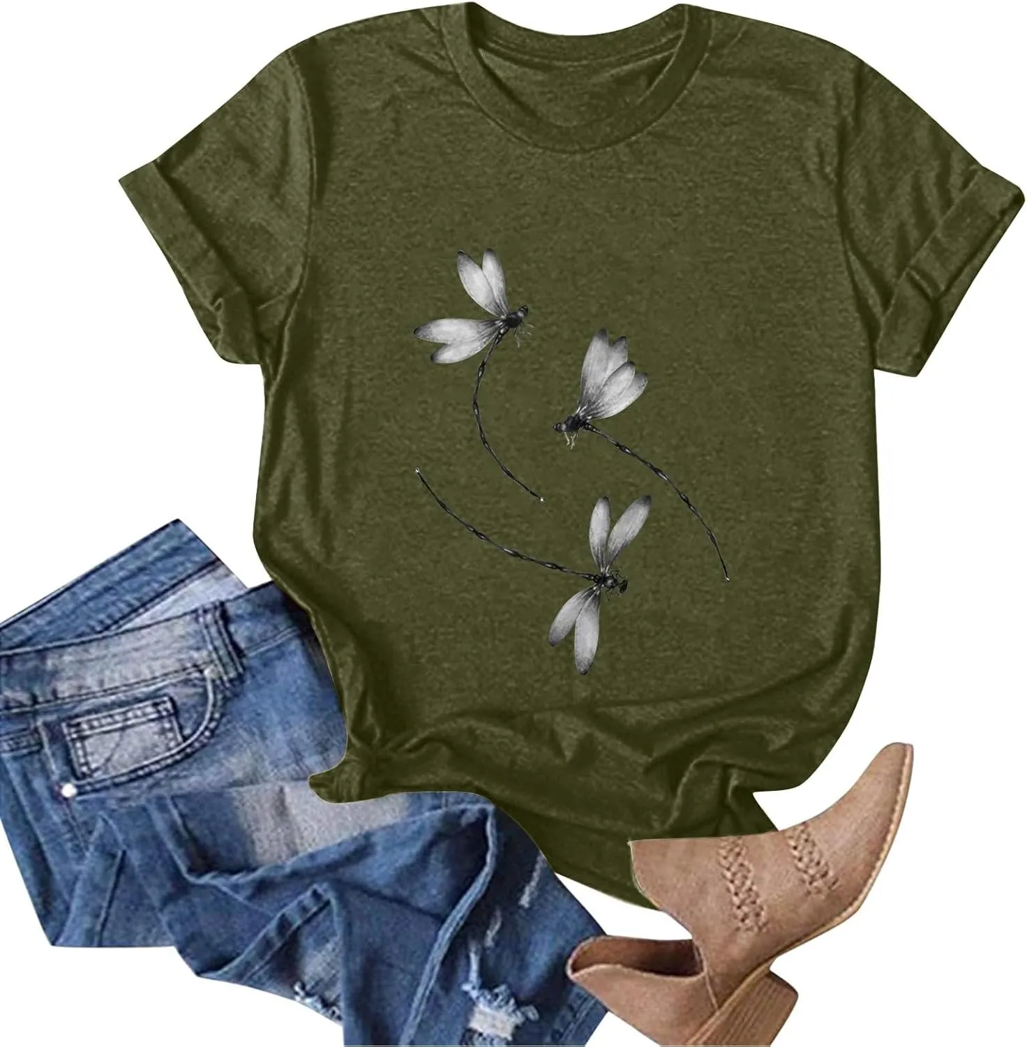 Womens Dragonfly Graphic Tees Crewneck Short Sleeve Casual Tops Cute Summer T-Shirt