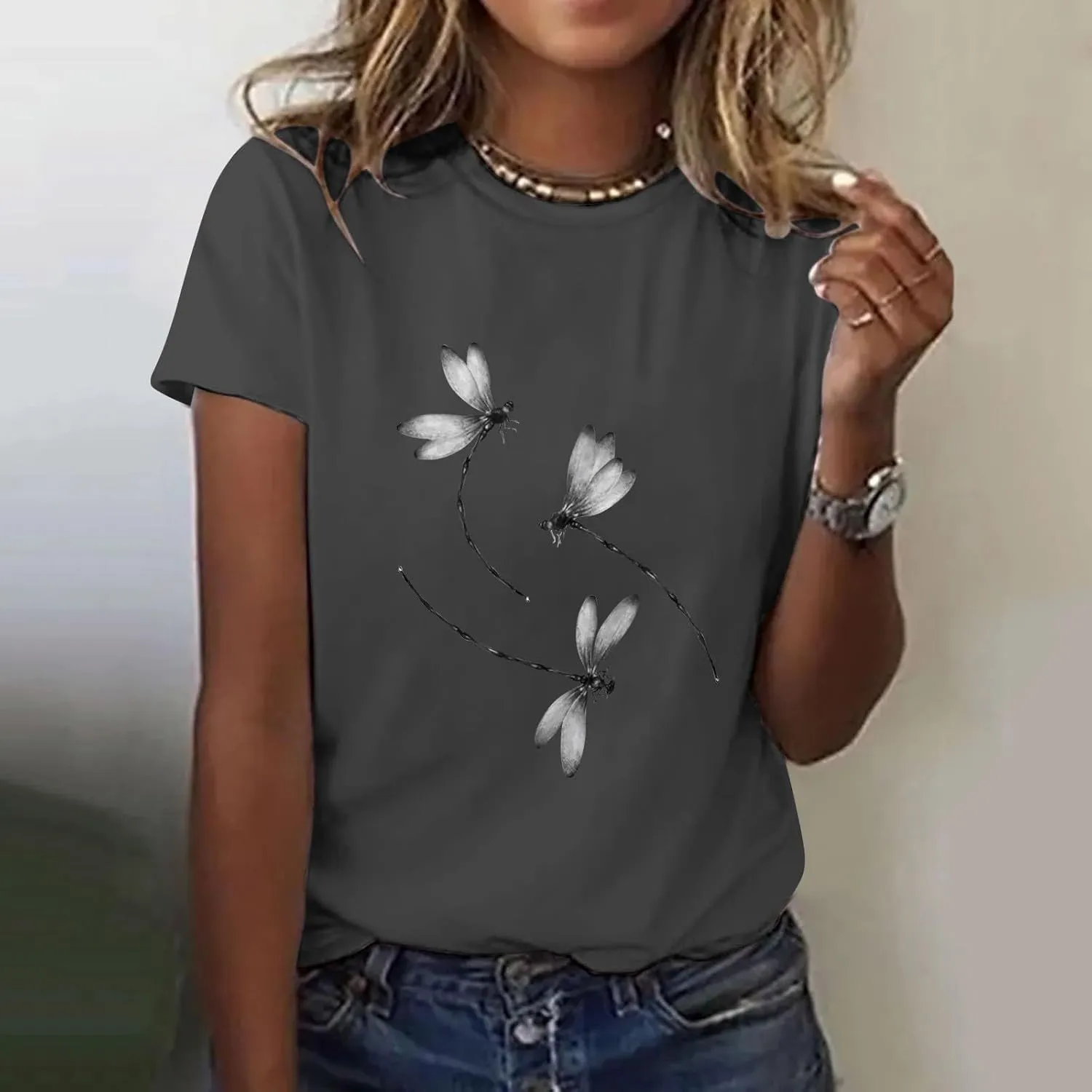 Womens Dragonfly Graphic Tees Crewneck Short Sleeve Casual Tops Cute Summer T-Shirt