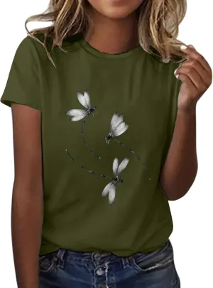 Womens Dragonfly Graphic Tees Crewneck Short Sleeve Casual Tops Cute Summer T-Shirt