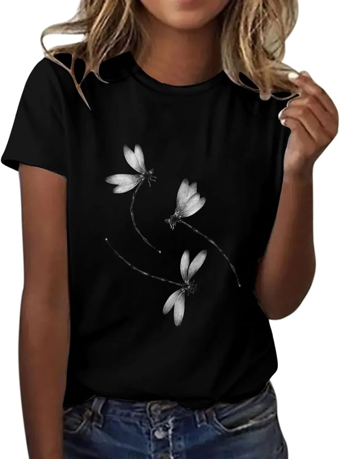 Womens Dragonfly Graphic Tees Crewneck Short Sleeve Casual Tops Cute Summer T-Shirt