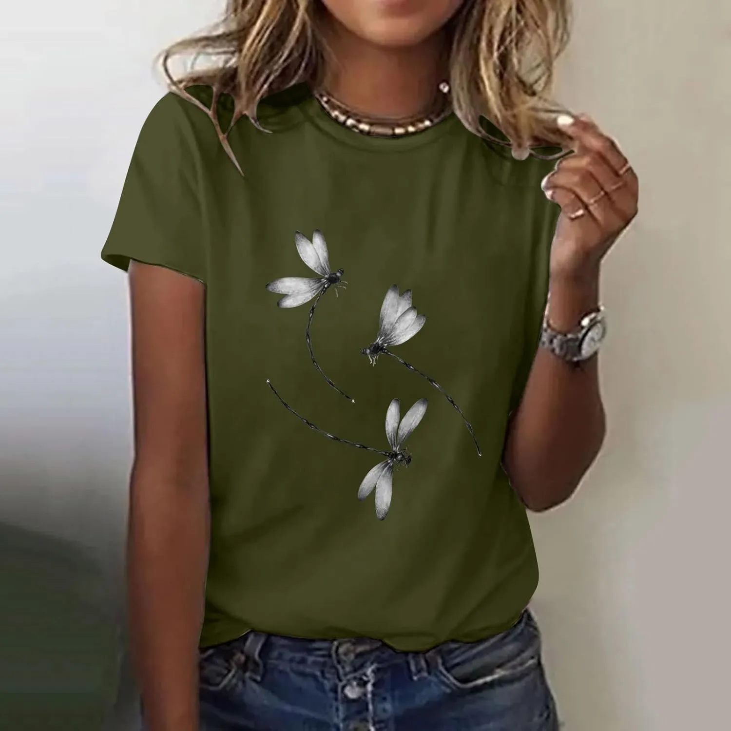 Womens Dragonfly Graphic Tees Crewneck Short Sleeve Casual Tops Cute Summer T-Shirt