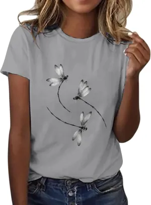 Womens Dragonfly Graphic Tees Crewneck Short Sleeve Casual Tops Cute Summer T-Shirt