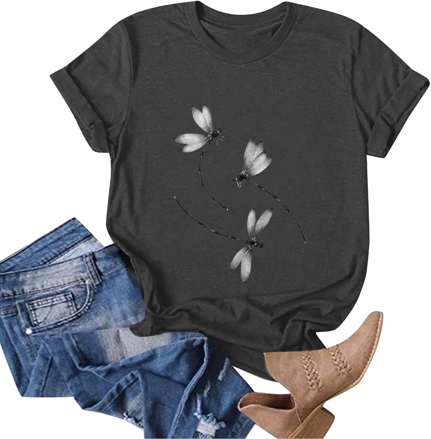 Womens Dragonfly Graphic Tees Crewneck Short Sleeve Casual Tops Cute Summer T-Shirt