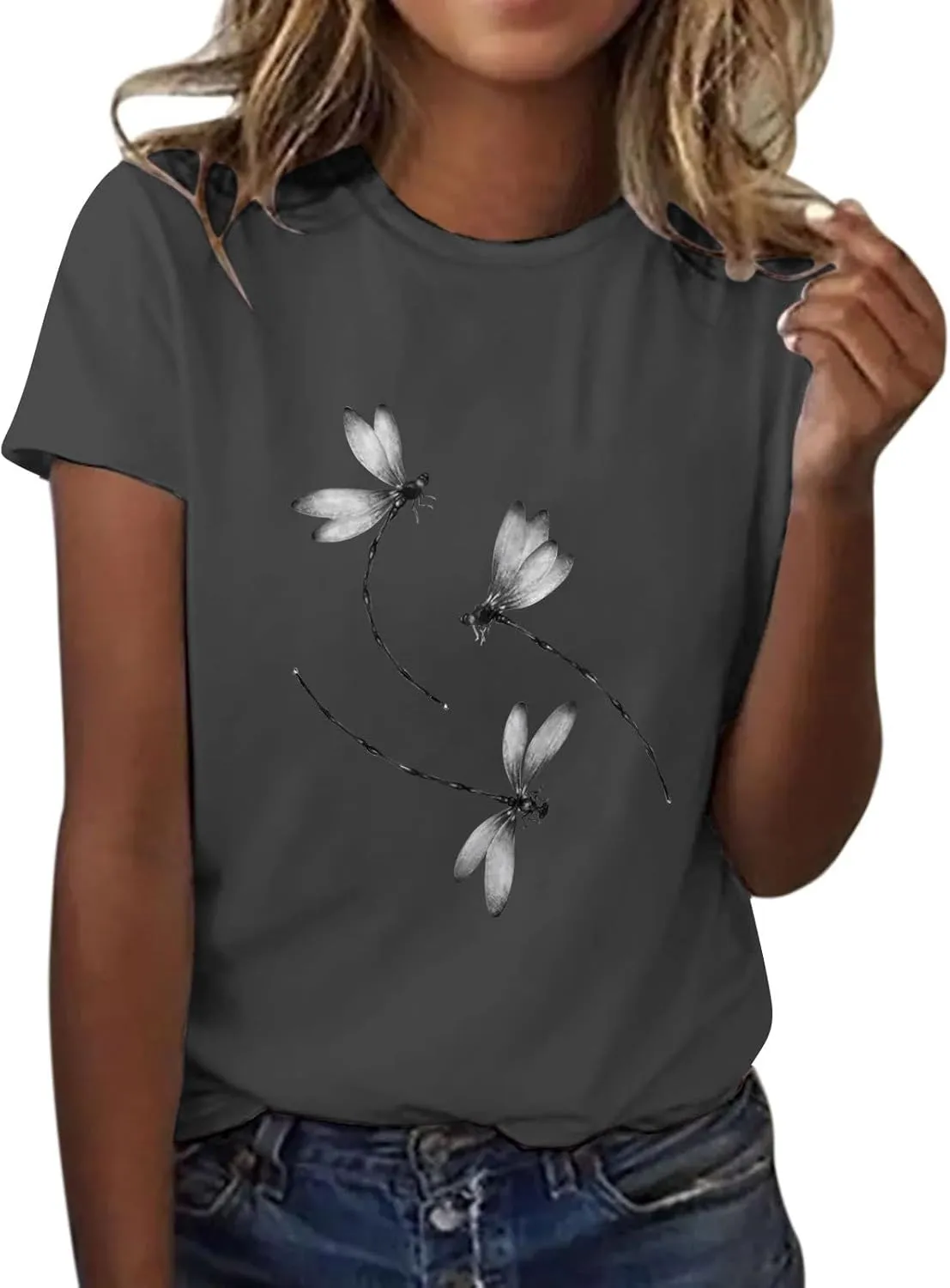 Womens Dragonfly Graphic Tees Crewneck Short Sleeve Casual Tops Cute Summer T-Shirt