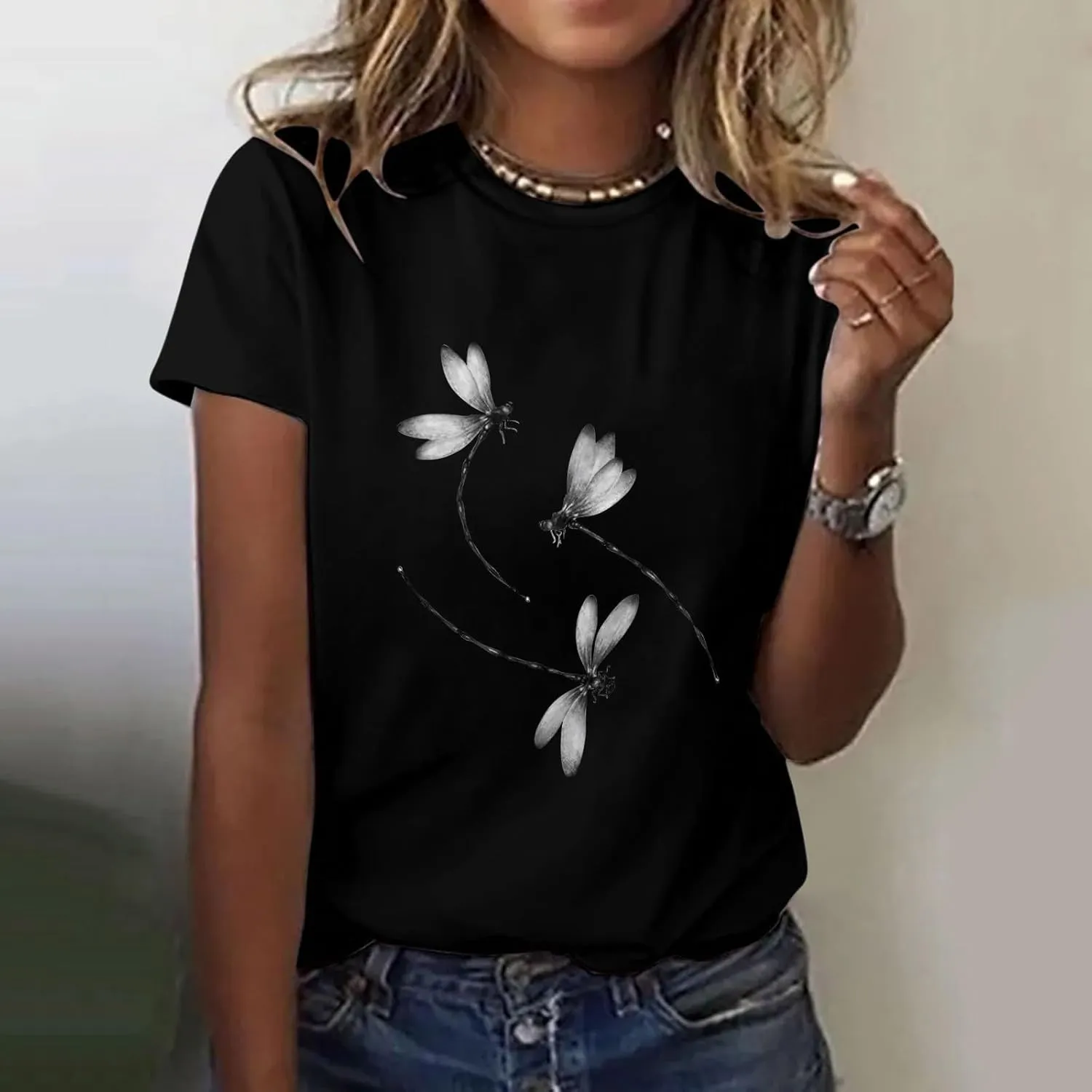 Womens Dragonfly Graphic Tees Crewneck Short Sleeve Casual Tops Cute Summer T-Shirt