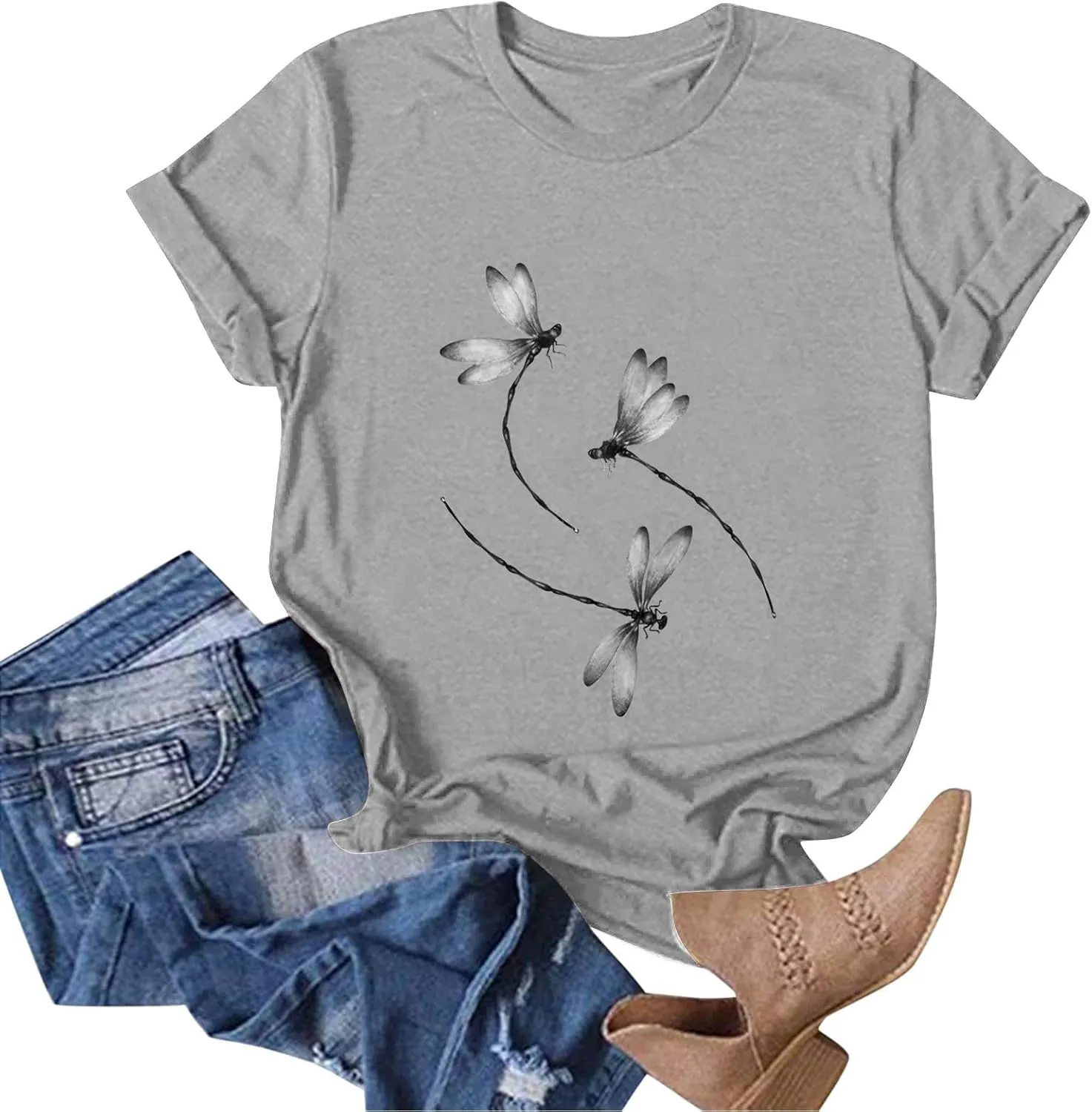Womens Dragonfly Graphic Tees Crewneck Short Sleeve Casual Tops Cute Summer T-Shirt